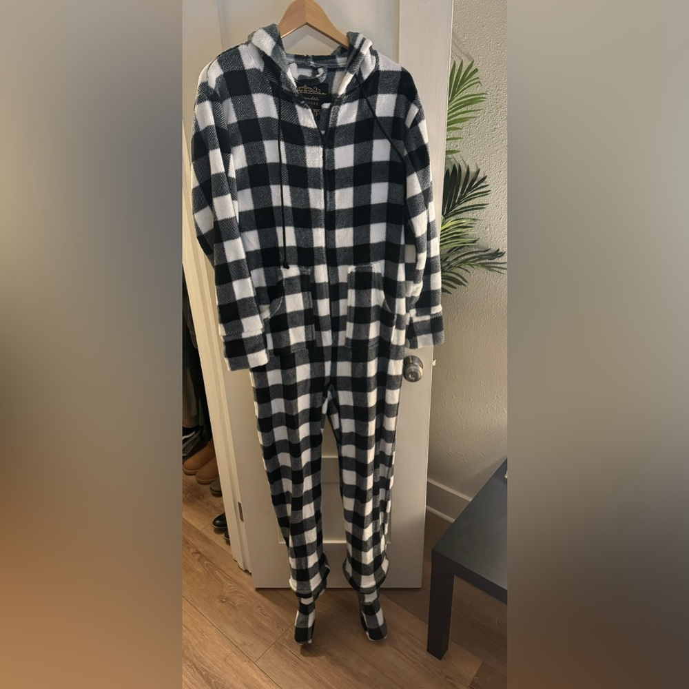 Onesie pajamas - black and white checkered hooded fleece